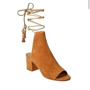 Brian Atwood Ankle Wrap Heel Tan Suede Leather Women’s Size 7.5